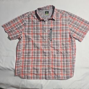 Short-Sleeve Plaid Button-Down Shirt - Coral/Gray
